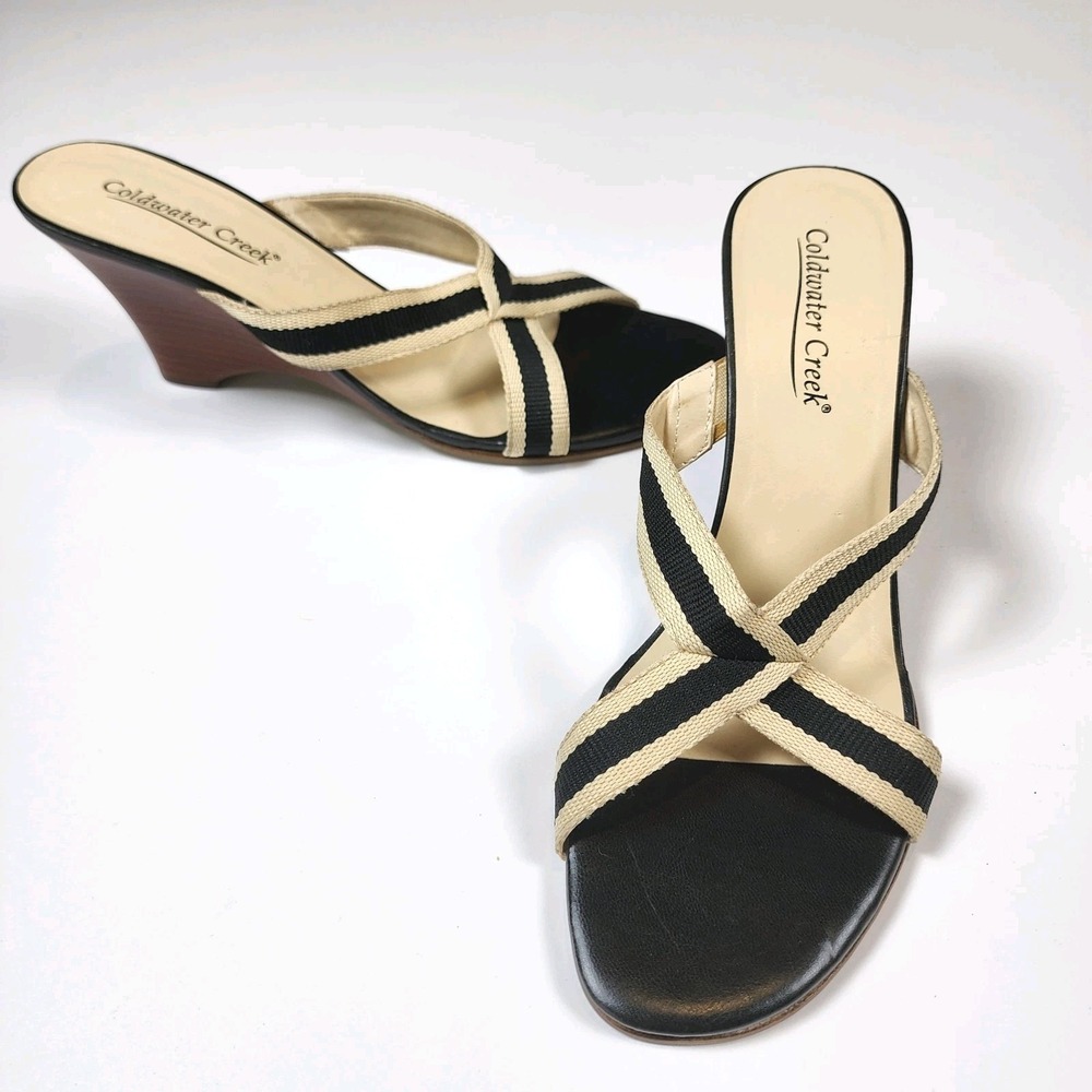 Coldwater Creek Open Toe Slip‎ On Sandals Womens 9M Black Tan Wooden Wedge Heels